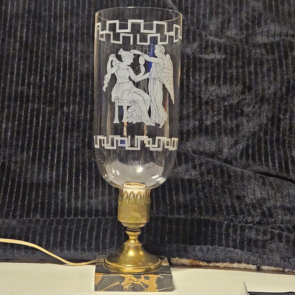 Vintage Neoclassical Hurricane Lamp Black Marble Base Greek Key Glass